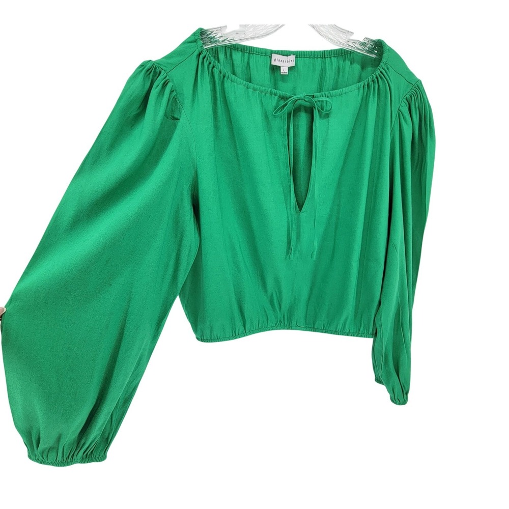 Gianni Bini Green Linen Blend Puff Sleeve Keyhole Tie Crop Top Blouse Large